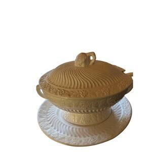 Vintage California Pottery Large White Soup Tureen Swirled with Grapes 3 Pieces